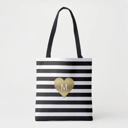 Modern Gold Black White Stripes Heart Monogramed Tote Bag (Voorkant)