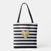 Modern Gold Black White Stripes Heart Monogramed Tote Bag (Achterkant)