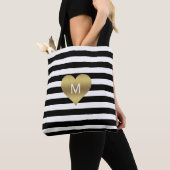 Modern Gold Black White Stripes Heart Monogramed Tote Bag (Dichtbij)