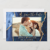 Modern Gold Blue Agate PHOTO Wedding Save the Date (Voorkant)