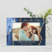 Modern Gold Blue Agate PHOTO Wedding Save the Date (Staand voorkant)