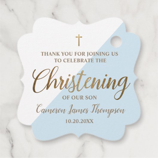 Modern Gold Blue Boy Christening Personalized Bedankjes Labels (Achterkant)