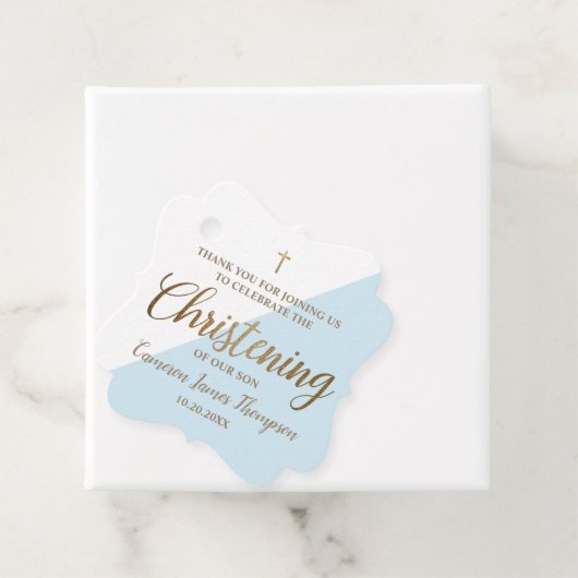 Modern Gold Blue Boy Christening Personalized Bedankjes Labels (In situ)