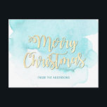 Modern Gold & Blue Christmas Beach Waterverf Briefkaart<br><div class="desc">Mooie waterverf (strand) scene Kerstvakantie familie briefkaart. Licht pastelblauw,  turquoise met vrolijk kerstfeest in faux glitter goud. Voeg uw seizoensgroetwensen achterin toe. Perfect voor feestdagen die op de zuidelijke bestemming worden doorgebracht.</div>