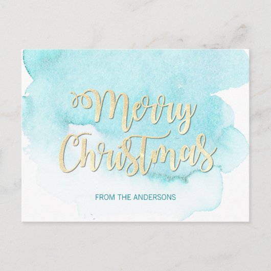 Modern Gold & Blue Christmas Beach Waterverf Briefkaart (Voorkant)