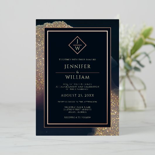 Modern Gold Blue Classic Initiaal Elegant Folie Uitnodiging (Staand Voorkant)