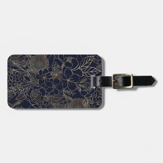 Modern Gold Blue Floral Doodles line art Bagagelabel (Voorkant horizontaal)