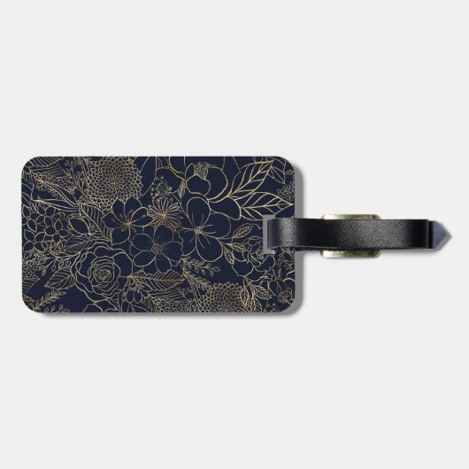 Modern Gold Blue Floral Doodles line art Bagagelabel (Achterkant horizontaal)