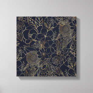 Modern Gold Blue Floral Doodles line art Canvas Afdruk