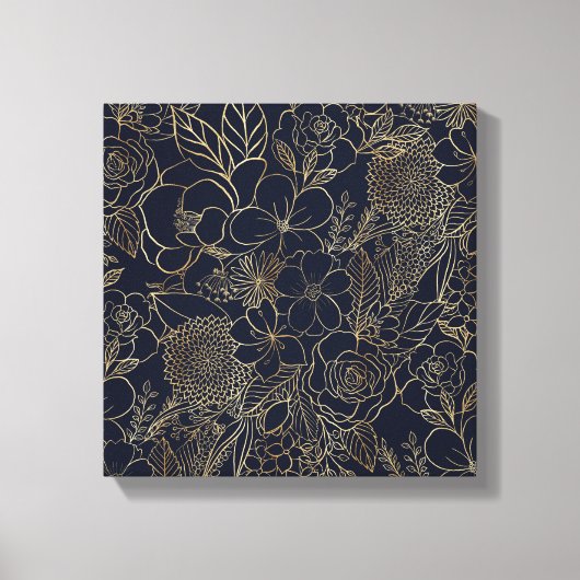 Modern Gold Blue Floral Doodles line art Canvas Afdruk (Voorkant)