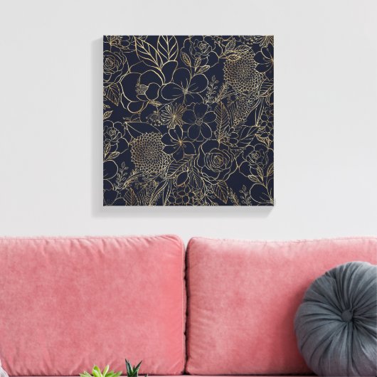 Modern Gold Blue Floral Doodles line art Canvas Afdruk (Insitu (Woonkamer))