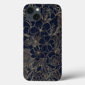 Modern Gold Blue Floral Doodles line art Case-Mate iPhone Case (Achterkant)