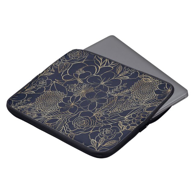 Modern Gold Blue Floral Doodles line art Laptop Sleeve (Voorkant top)