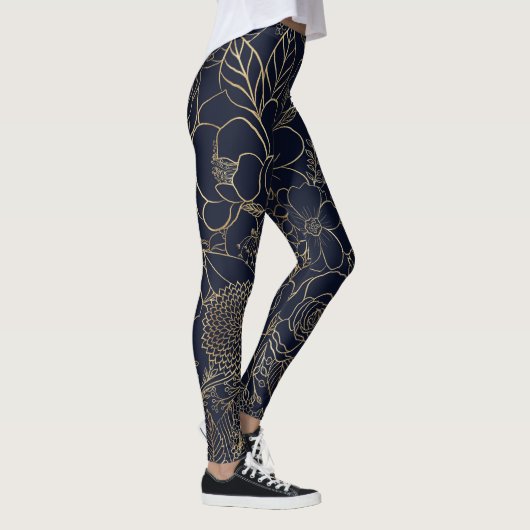 Modern Gold Blue Floral Doodles line art Leggings (Rechts)