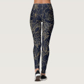 Modern Gold Blue Floral Doodles line art Leggings (Achterkant)