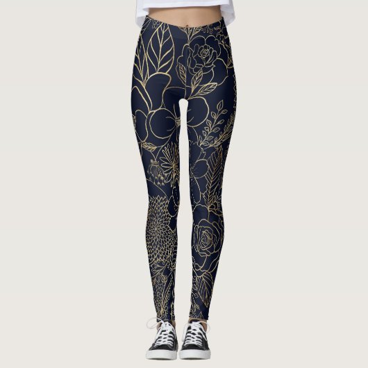 Modern Gold Blue Floral Doodles line art Leggings (Voorkant)