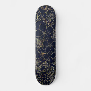 Modern Gold Blue Floral Doodles line art Persoonlijk Skateboard