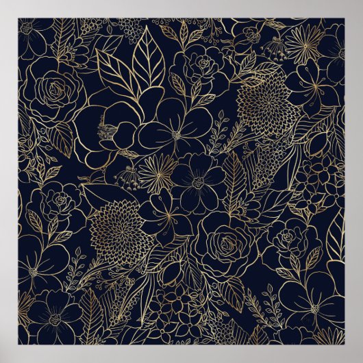 Modern Gold Blue Floral Doodles line art Poster (Voorkant)