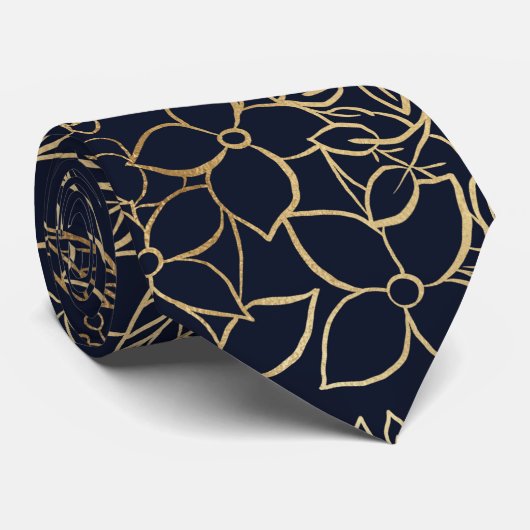 Modern Gold Blue Floral Doodles line art Stropdas (Opgerold)