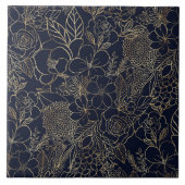 Modern Gold Blue Floral Doodles line art Tegeltje (Voorkant)