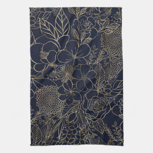 Modern Gold Blue Floral Doodles line art Theedoek