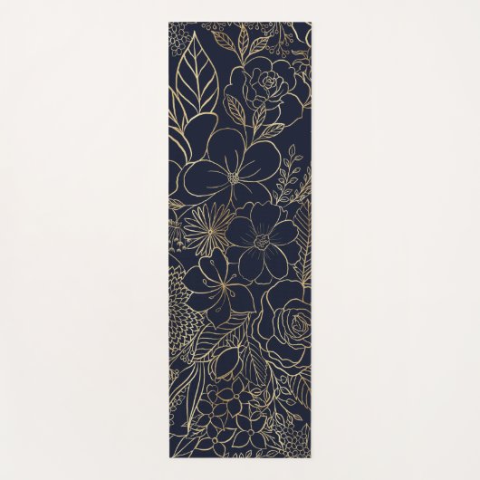 Modern Gold Blue Floral Doodles line art Yogamat (Voorkant)