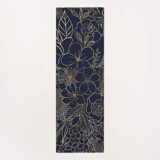 Modern Gold Blue Floral Doodles line art Yogamat (Achterkant)