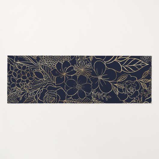 Modern Gold Blue Floral Doodles line art Yogamat (Voorkant (horizontaal))