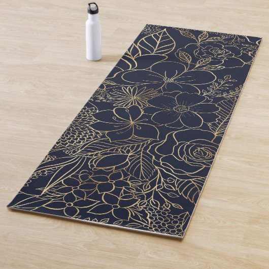 Modern Gold Blue Floral Doodles line art Yogamat (In situ)