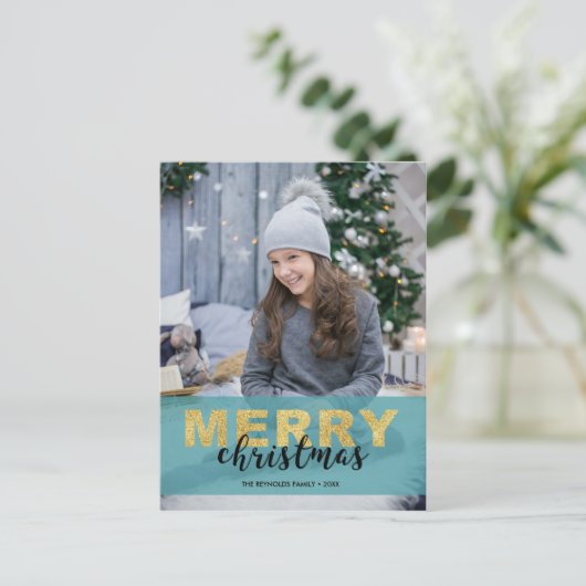 Modern Gold Blue-kerstfoto - Briefkaart (Staand voorkant)