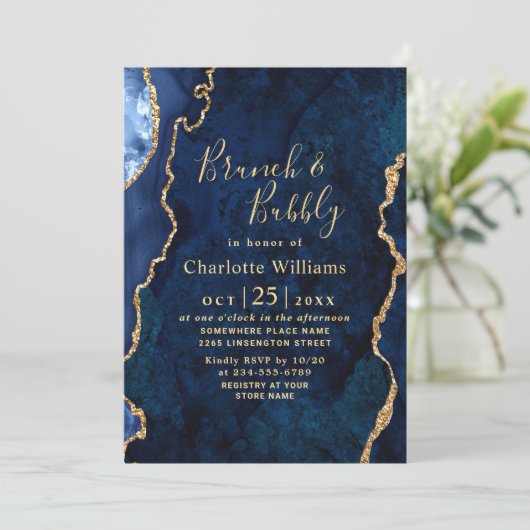 Modern Gold Blue Marble Agate Brunch & Bubble Kaart (Staand voorkant)