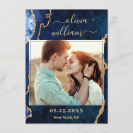 Modern Gold Blue Marble Agate PHOTO Wedding Save The Date