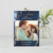 Modern Gold Blue Marble Agate PHOTO Wedding Save The Date (Staand voorkant)