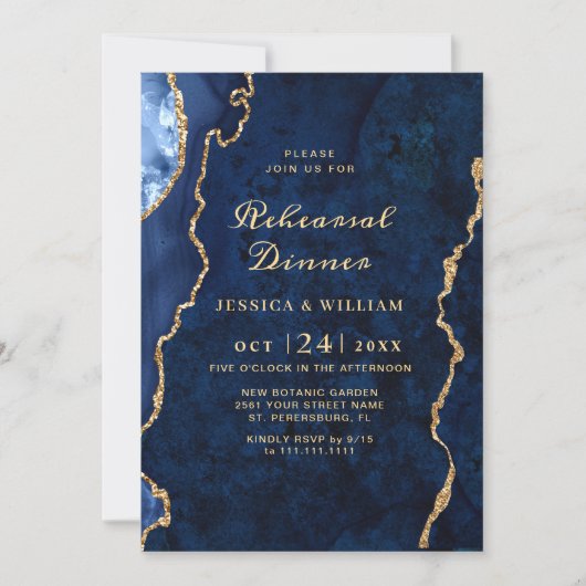 Modern Gold Blue Marble Agate REHEARSAL DINNER Kaart (Voorkant)