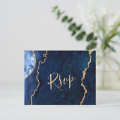 Modern Gold Blue Marble Agate Wedding RSVP Briefkaart (Staand voorkant)