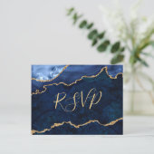 Modern Gold Blue Marble Agate Wedding RSVP Uitnodiging Briefkaart (Staand voorkant)
