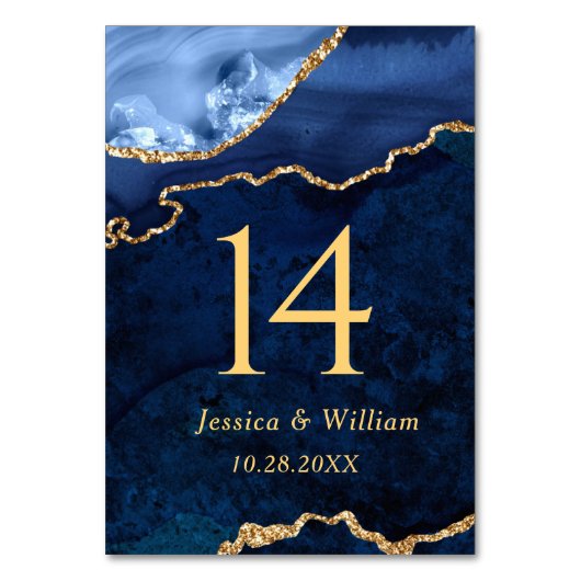 Modern Gold Blue Marble Agate Wedding Table Number Kaart (Voorkant)
