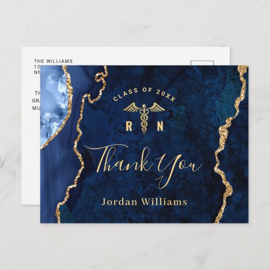 Modern Gold Blue Marble RN Afstuderen Bedankt Briefkaart (Voorkant / Achterkant)