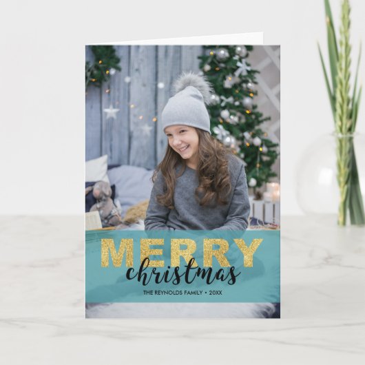 Modern Gold Blue Merry-kerst - Fotokaart Feestdagen Kaart (Voorkant)