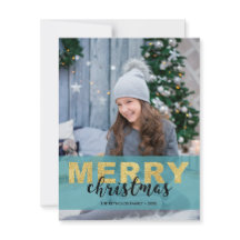 Modern Gold Blue Merry-kerst - Fotokaart