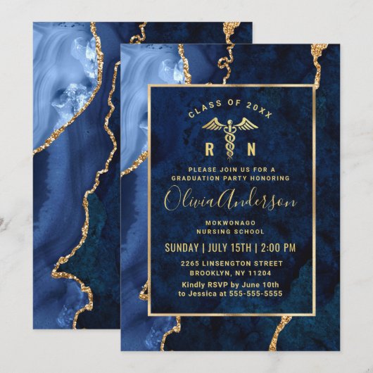Modern Gold Blue Nursing School Graduparty Kaart (Voorkant / Achterkant)
