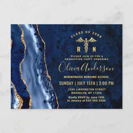 Modern Gold Blue RN Graduation Party Invitation Briefkaart (Voorkant)