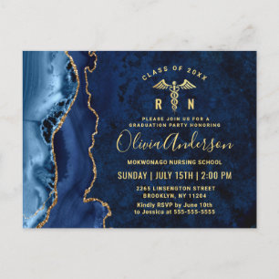 Modern Gold Blue RN Graduation Party Invitation Briefkaart