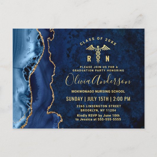 Modern Gold Blue RN Graduation Party Invitation Briefkaart (Voorkant)