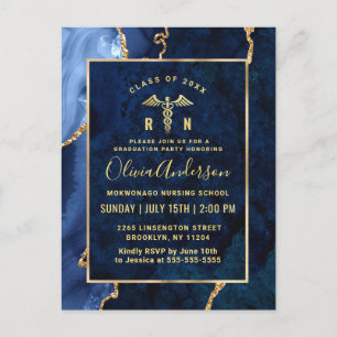 Modern Gold Blue RN Graduation Party Invitation Briefkaart