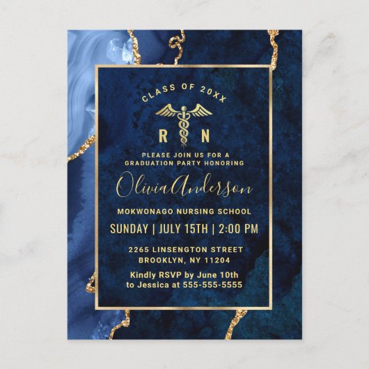 Modern Gold Blue RN Graduation Party Invitation Briefkaart (Voorkant)