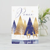 Modern Gold Blue Trees Deer Peace Holiday Greep Kaart (Staand voorkant)