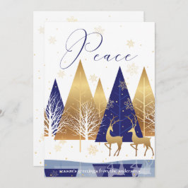 Modern Gold Blue Trees Deer Peace Holiday Greep Kaart