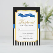 Modern Gold Blue White Stripes RSVP-kaart RSVP Kaartje (Staand voorkant)