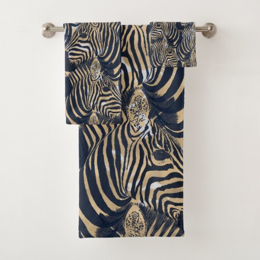 Modern Gold Blue Zebras Print Patroon Bad Handdoek (Insitu)